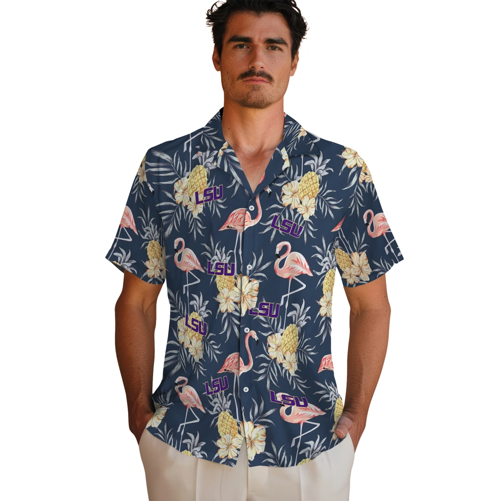 LSU Tigers Hawaiian Shirt - Flamingo Hibiscus lsu tigers flamingo hibiscus navy hawaiian shirts fashion forward