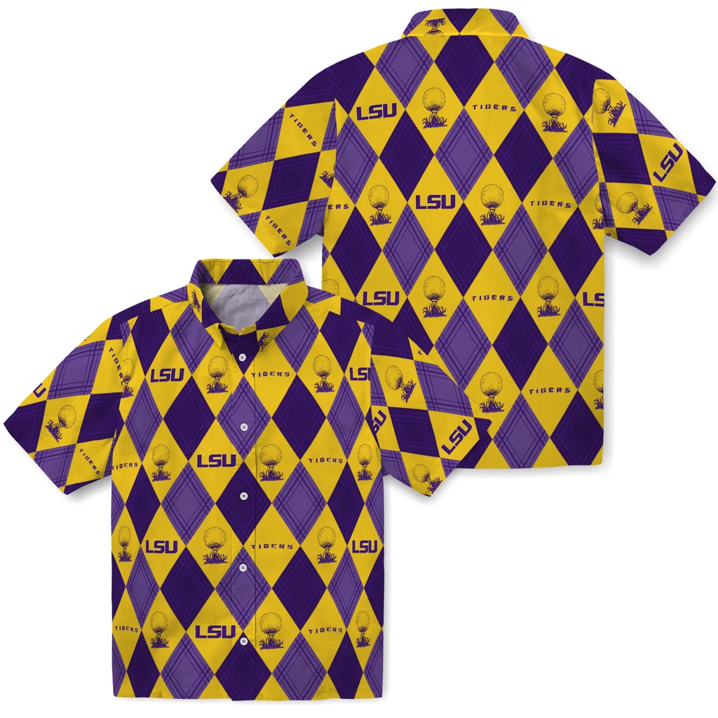 LSU Tigers Hawaiian Shirt - Golfing Plaid lsu tigers balloon plaid purple hawaiian shirts high quality