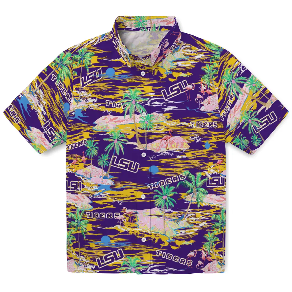 LSU Tigers Hawaiian Shirt - Hawaii Island lsu tigers flamingo retreat purple hawaiian shirts best selling