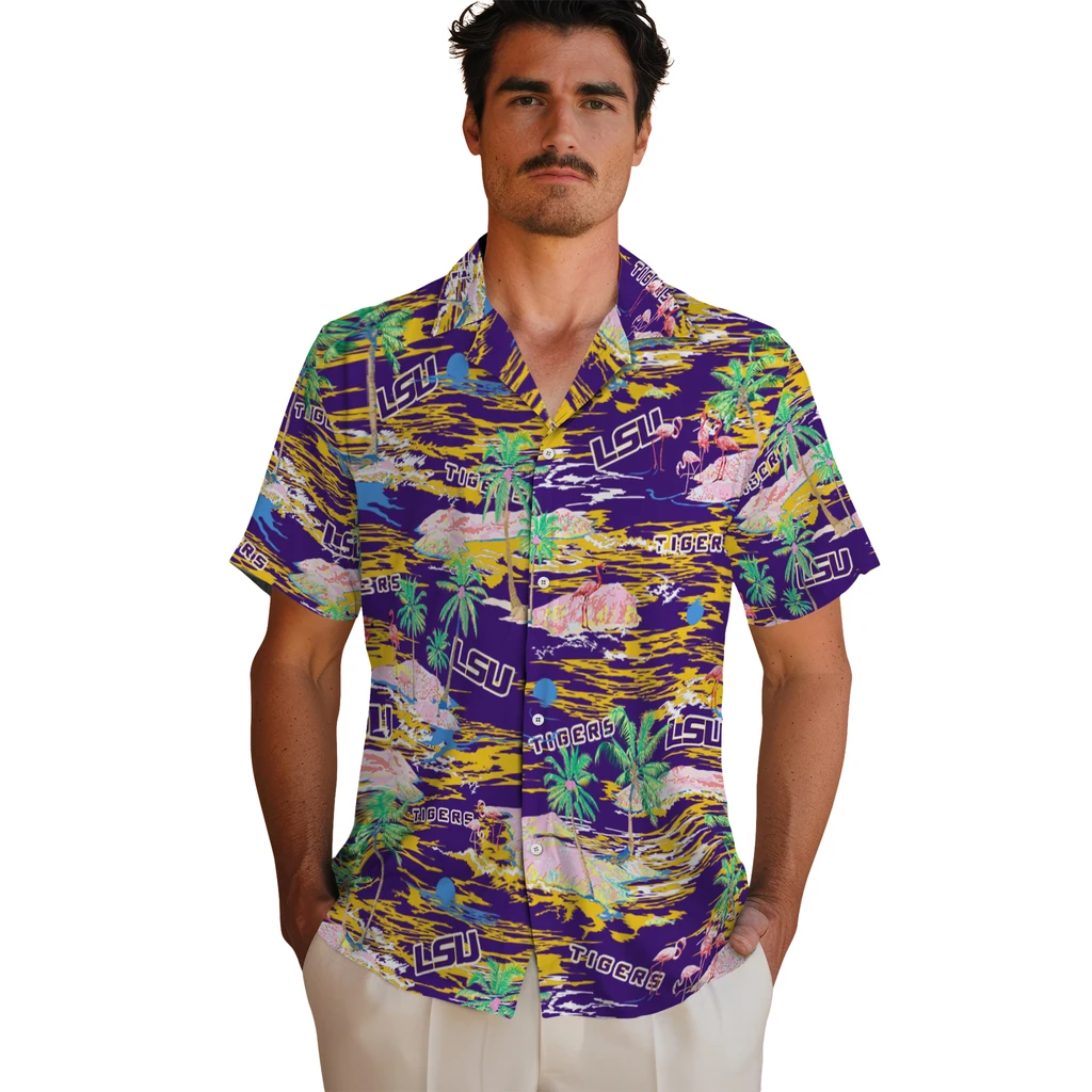 LSU Tigers Hawaiian Shirt - Hawaii Island lsu tigers flamingo retreat purple hawaiian shirts fashion forward