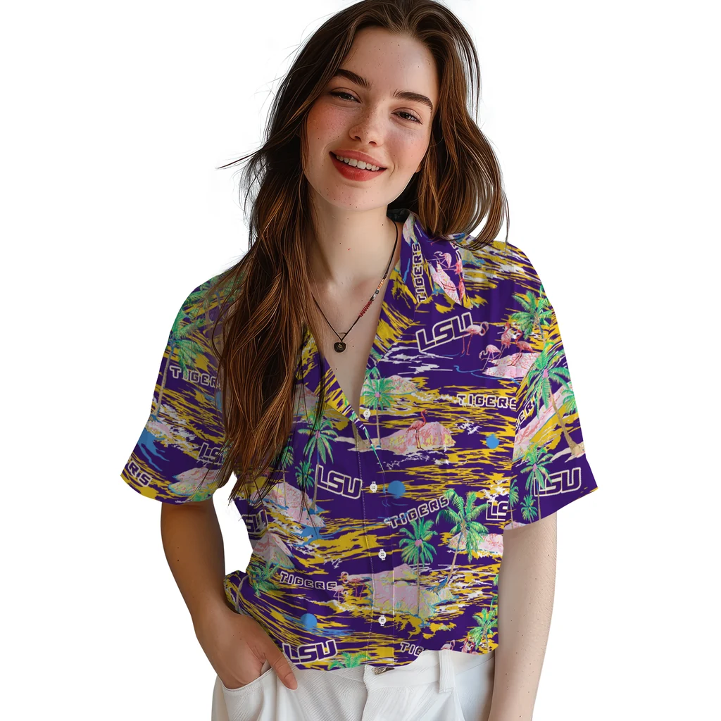 LSU Tigers Hawaiian Shirt - Hawaii Island lsu tigers flamingo retreat purple hawaiian shirts latest model