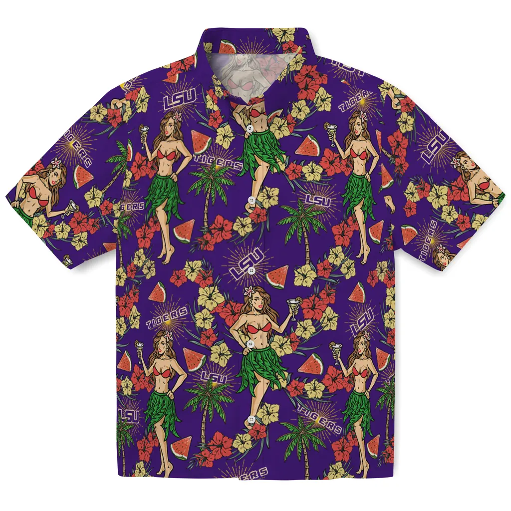 LSU Tigers Hawaiian Shirt - Hawaiian Girls Design lsu tigers hawaiian girls design purple hawaiian shirts best selling