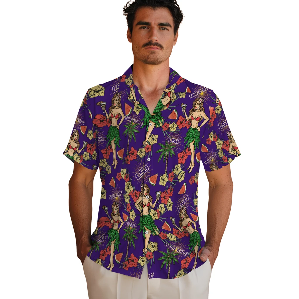 LSU Tigers Hawaiian Shirt - Hawaiian Girls Design lsu tigers hawaiian girls design purple hawaiian shirts fashion forward