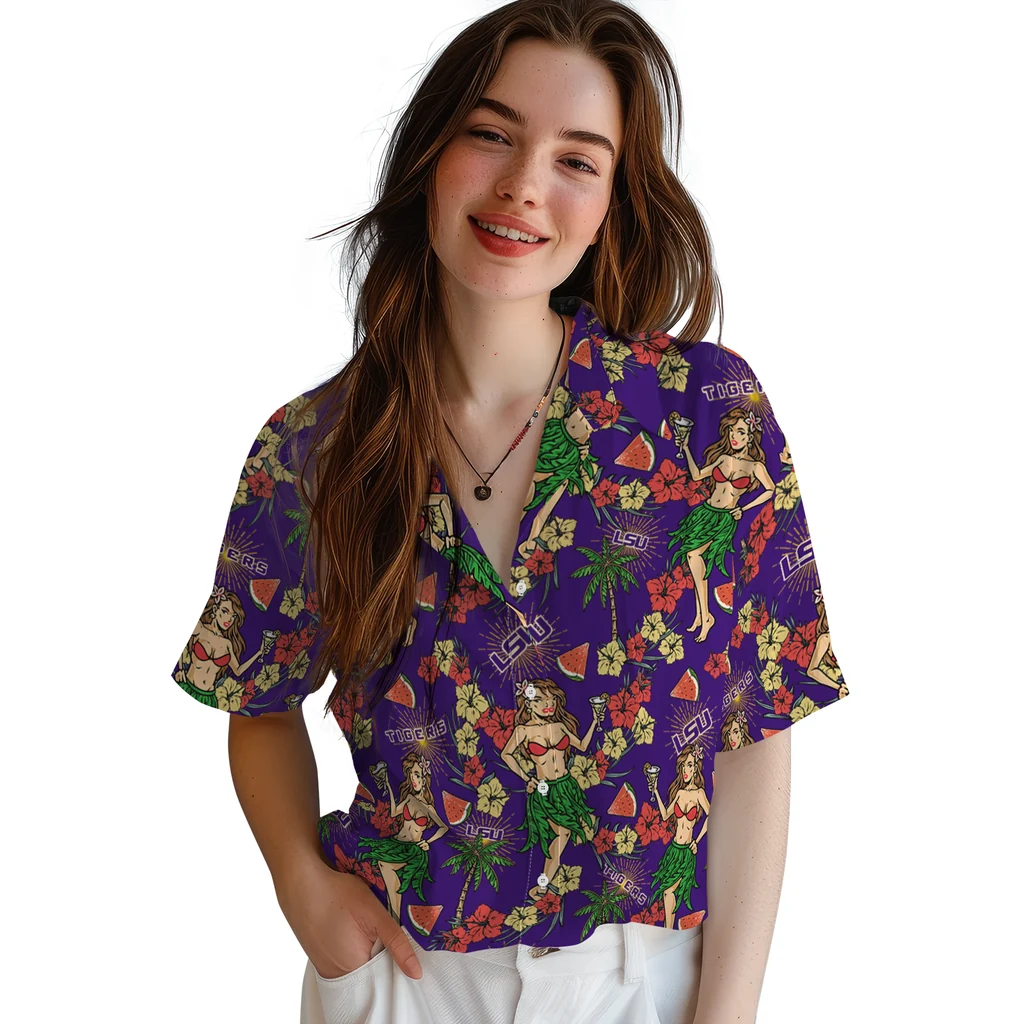 LSU Tigers Hawaiian Shirt - Hawaiian Girls Design lsu tigers hawaiian girls design purple hawaiian shirts latest model