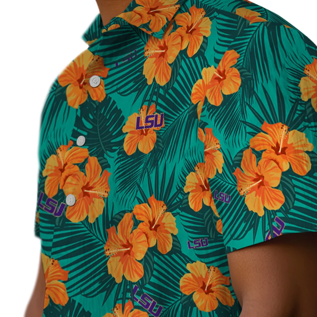LSU Tigers Hawaiian Shirt - Hibiscus and Palm Leaves lsu tigers hibiscus escape green hawaiian shirts trendy