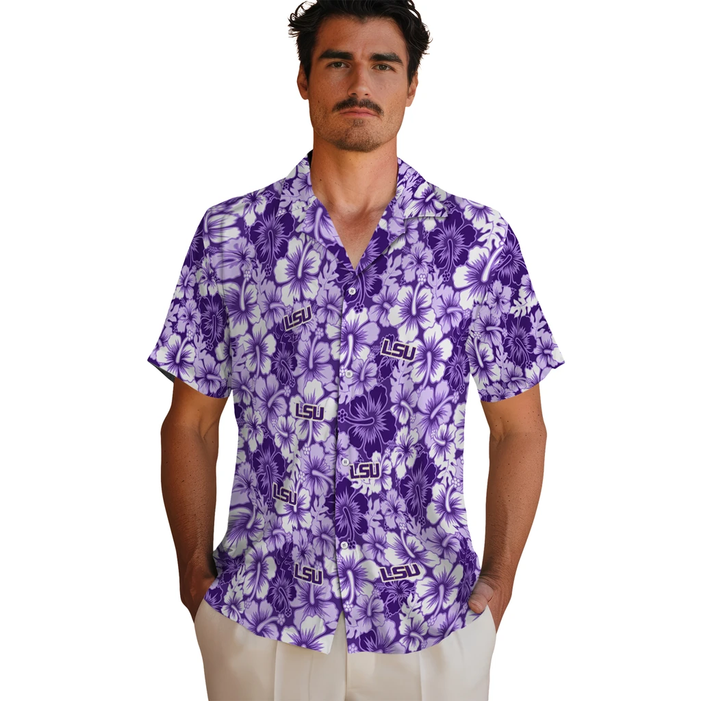 LSU Tigers Hawaiian Shirt - Hibiscus Blooms lsu tigers hibiscus blooms purple hawaiian shirts fashion forward