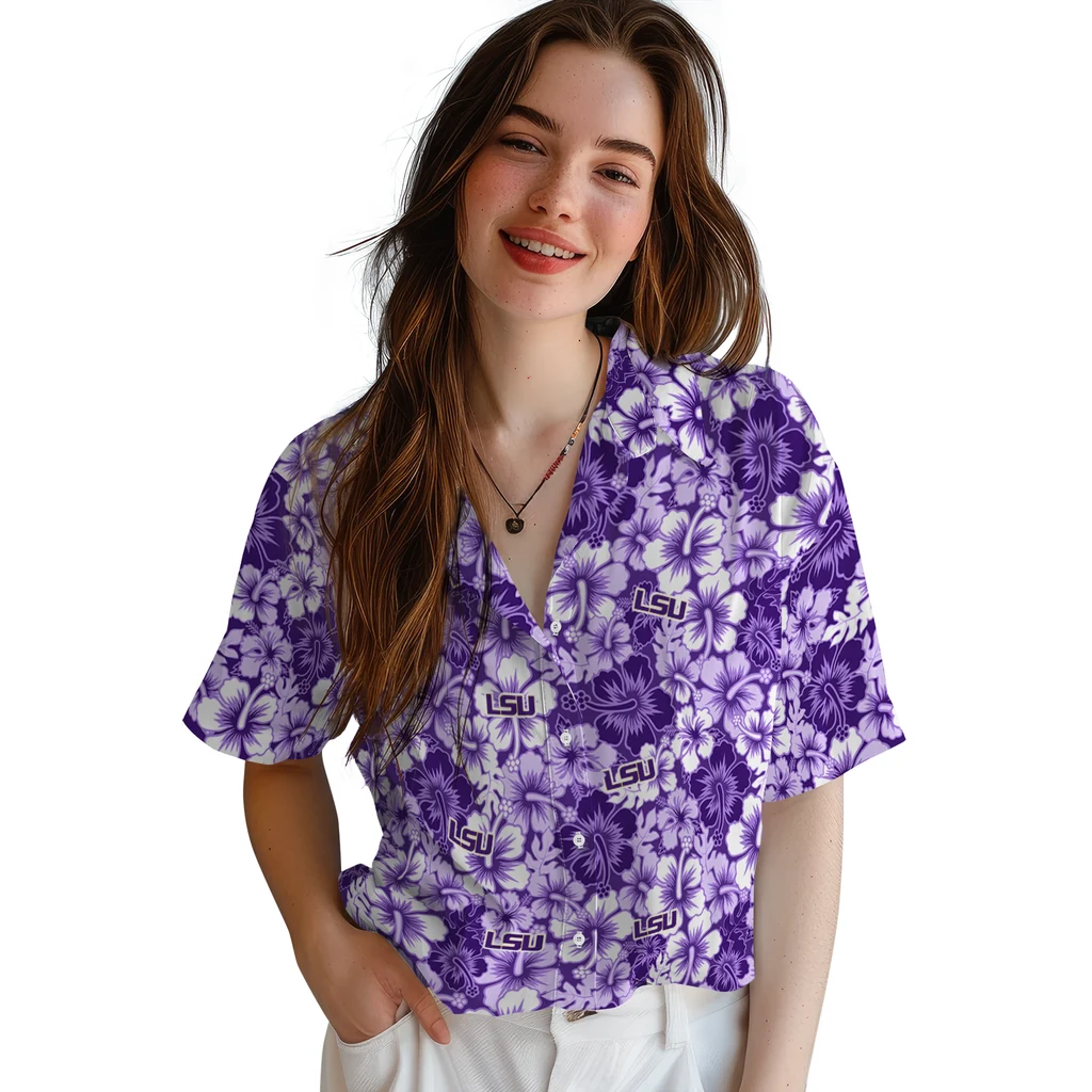 LSU Tigers Hawaiian Shirt - Hibiscus Blooms lsu tigers hibiscus blooms purple hawaiian shirts latest model