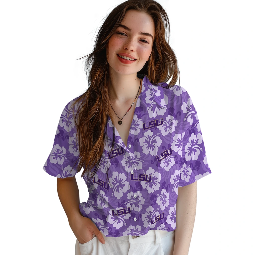 LSU Tigers Hawaiian Shirt - Hibiscus Cluster lsu tigers hibiscus cluster purple hawaiian shirts latest model
