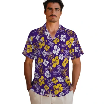 lsu tigers hibiscus bloom purple hawaiian shirts fashion forward