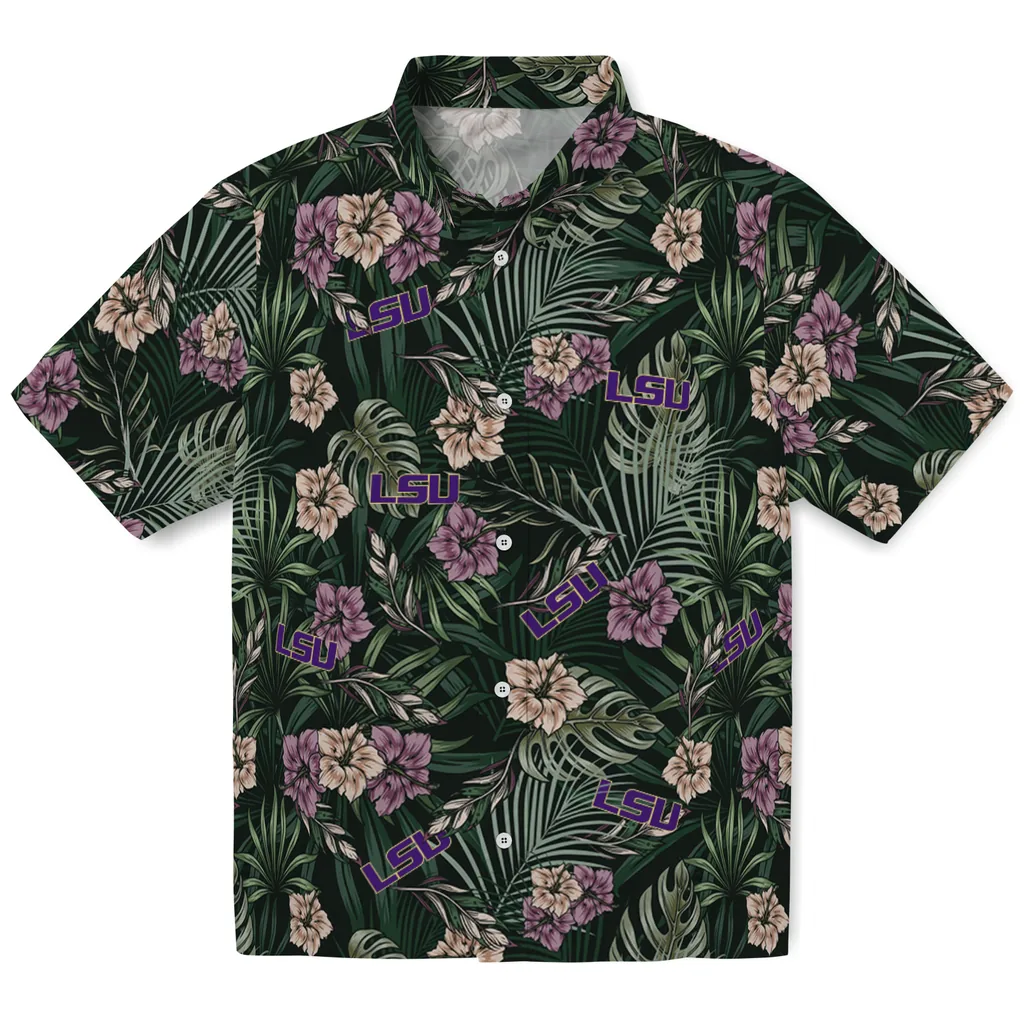 LSU Tigers Hawaiian Shirt - Hibiscus Leaves Pattern lsu tigers hibiscus leaves pattern green hawaiian shirts best selling