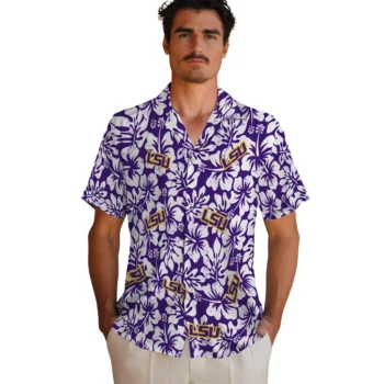 lsu tigers hibiscus motif purple white hawaiian shirts fashion forward