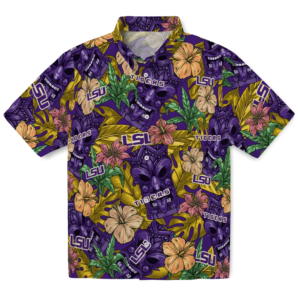 LSU Tigers Hawaiian Shirt - Hibiscus Tiki Jungle lsu tigers tiki jungle purple hawaiian shirts best selling