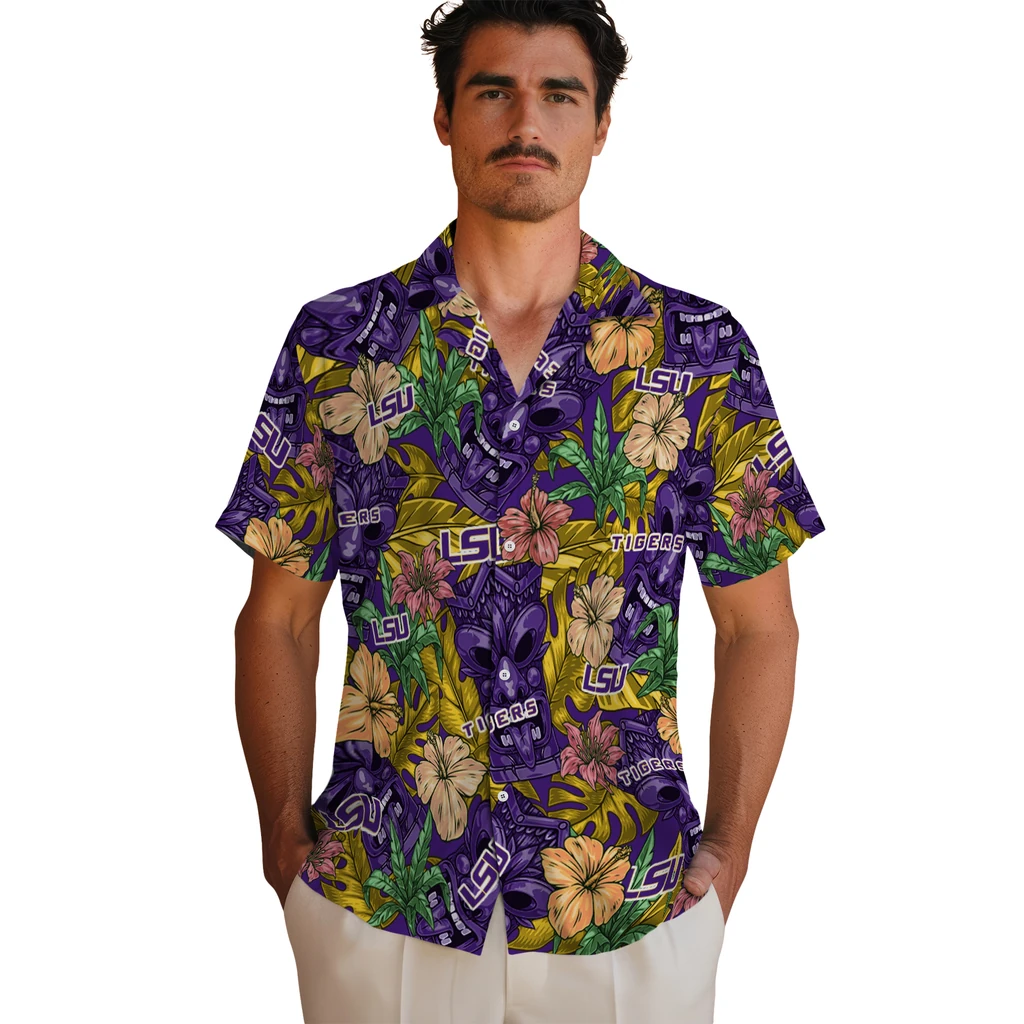 LSU Tigers Hawaiian Shirt - Hibiscus Tiki Jungle lsu tigers tiki jungle purple hawaiian shirts fashion forward