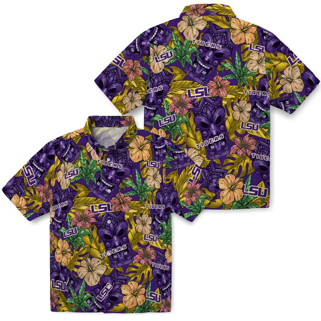 LSU Tigers Hawaiian Shirt - Hibiscus Tiki Jungle lsu tigers tiki jungle purple hawaiian shirts high quality