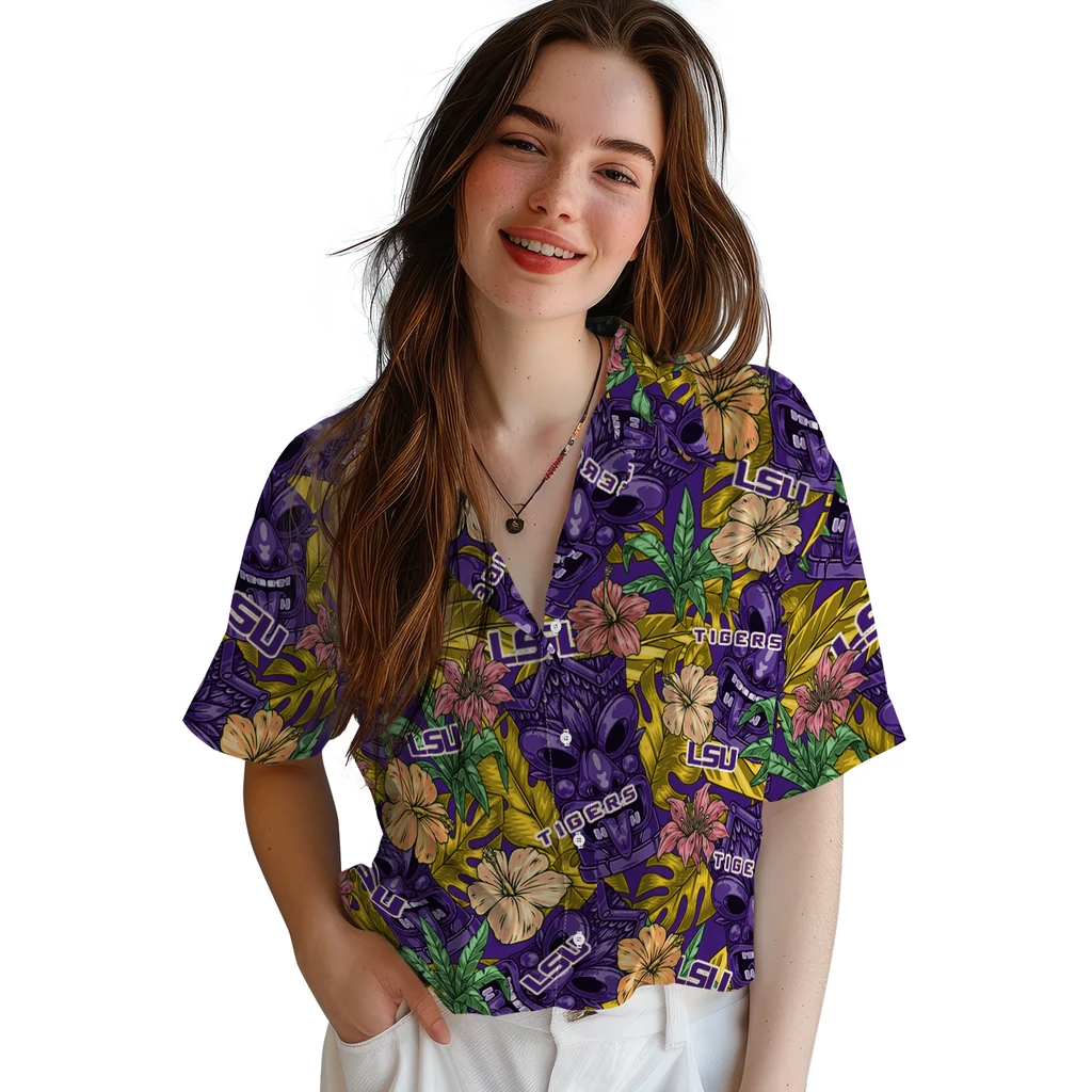 LSU Tigers Hawaiian Shirt - Hibiscus Tiki Jungle lsu tigers tiki jungle purple hawaiian shirts latest model