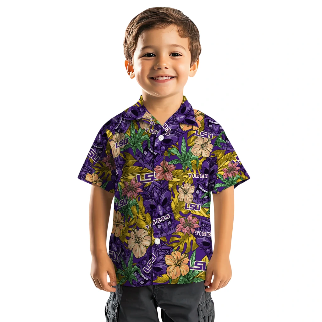 LSU Tigers Hawaiian Shirt - Hibiscus Tiki Jungle lsu tigers tiki jungle purple hawaiian shirts top rated