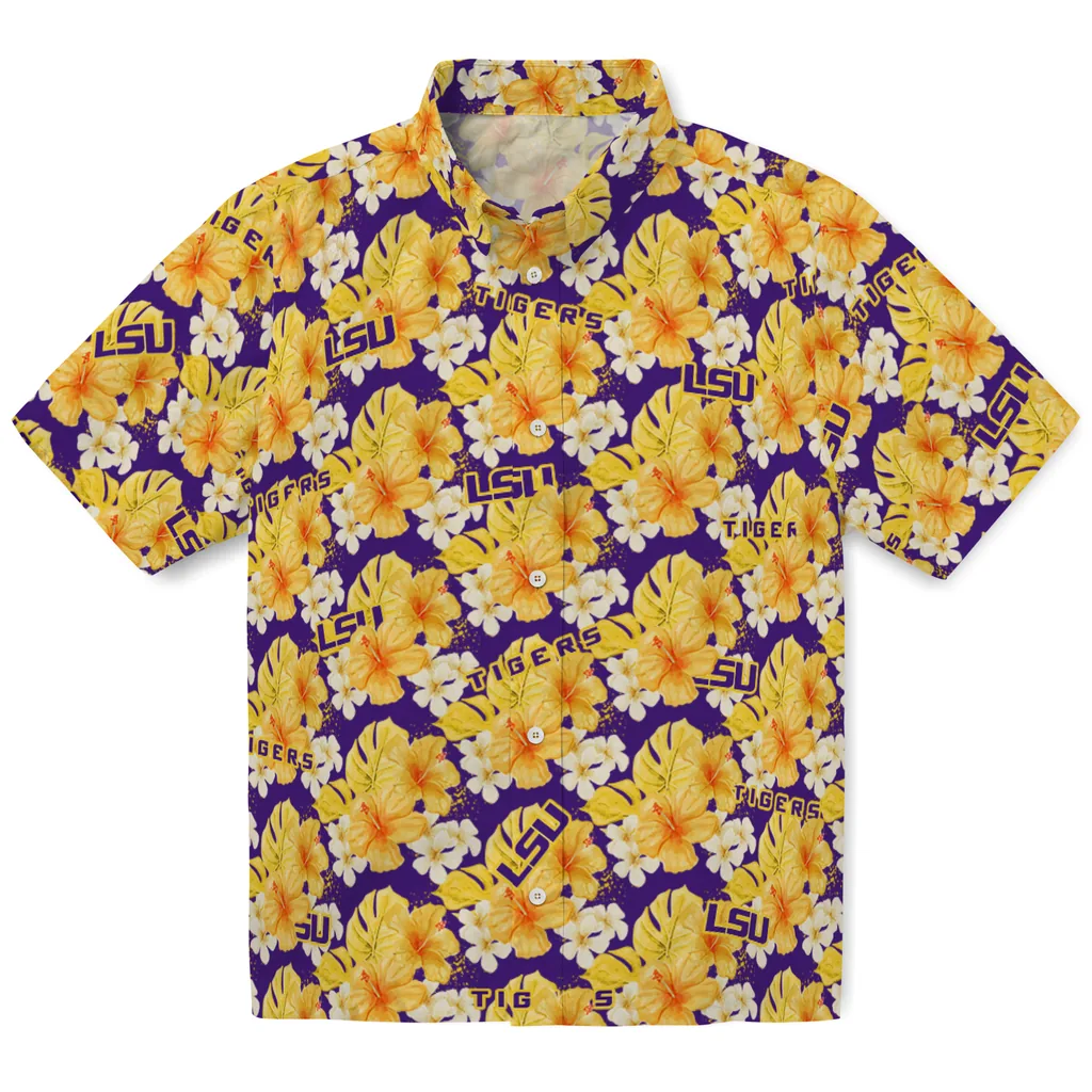 LSU Tigers Hawaiian Shirt - Hibiscus Tropics lsu tigers hibiscus tropics purple yellow hawaiian shirts best selling