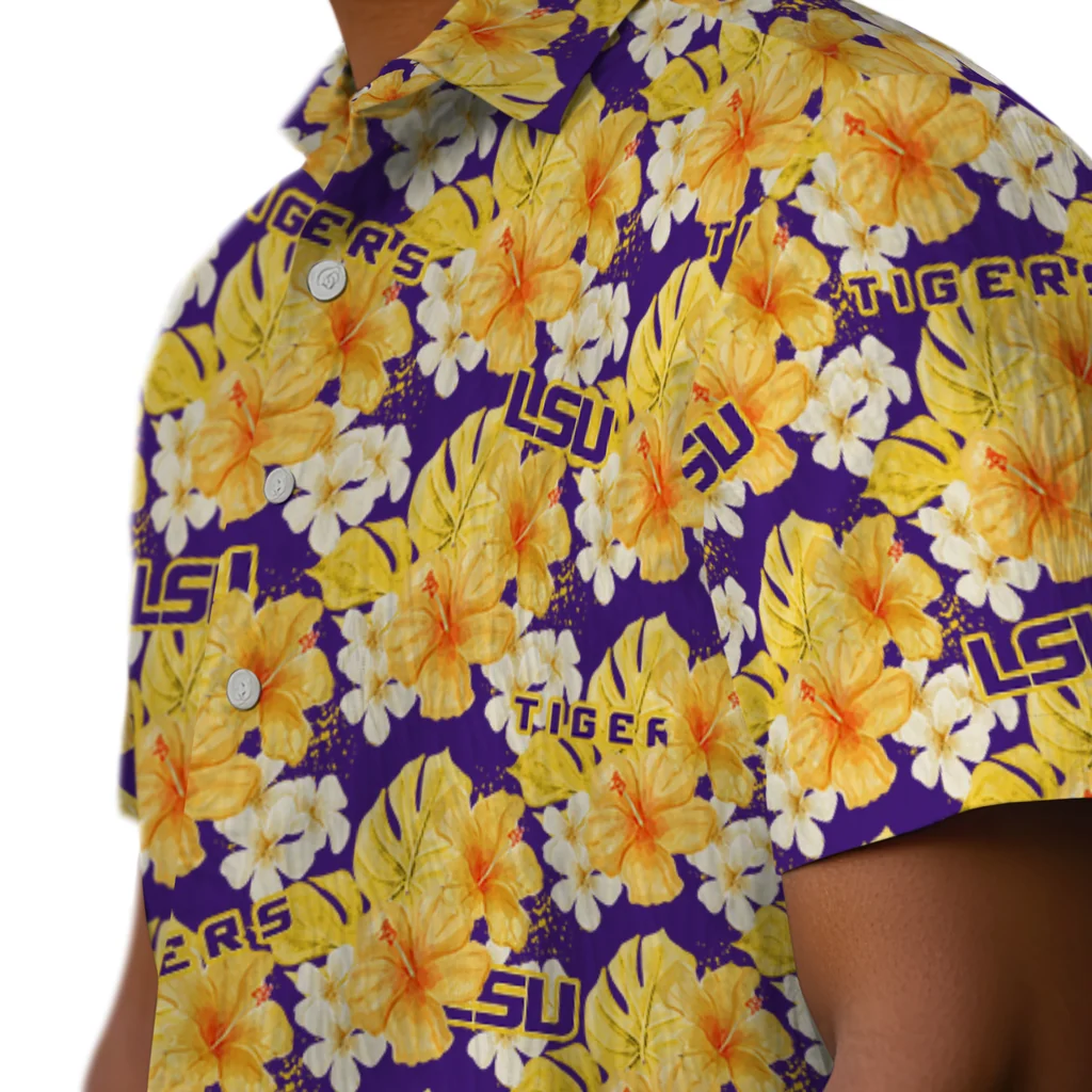 LSU Tigers Hawaiian Shirt - Hibiscus Tropics lsu tigers hibiscus tropics purple yellow hawaiian shirts trendy