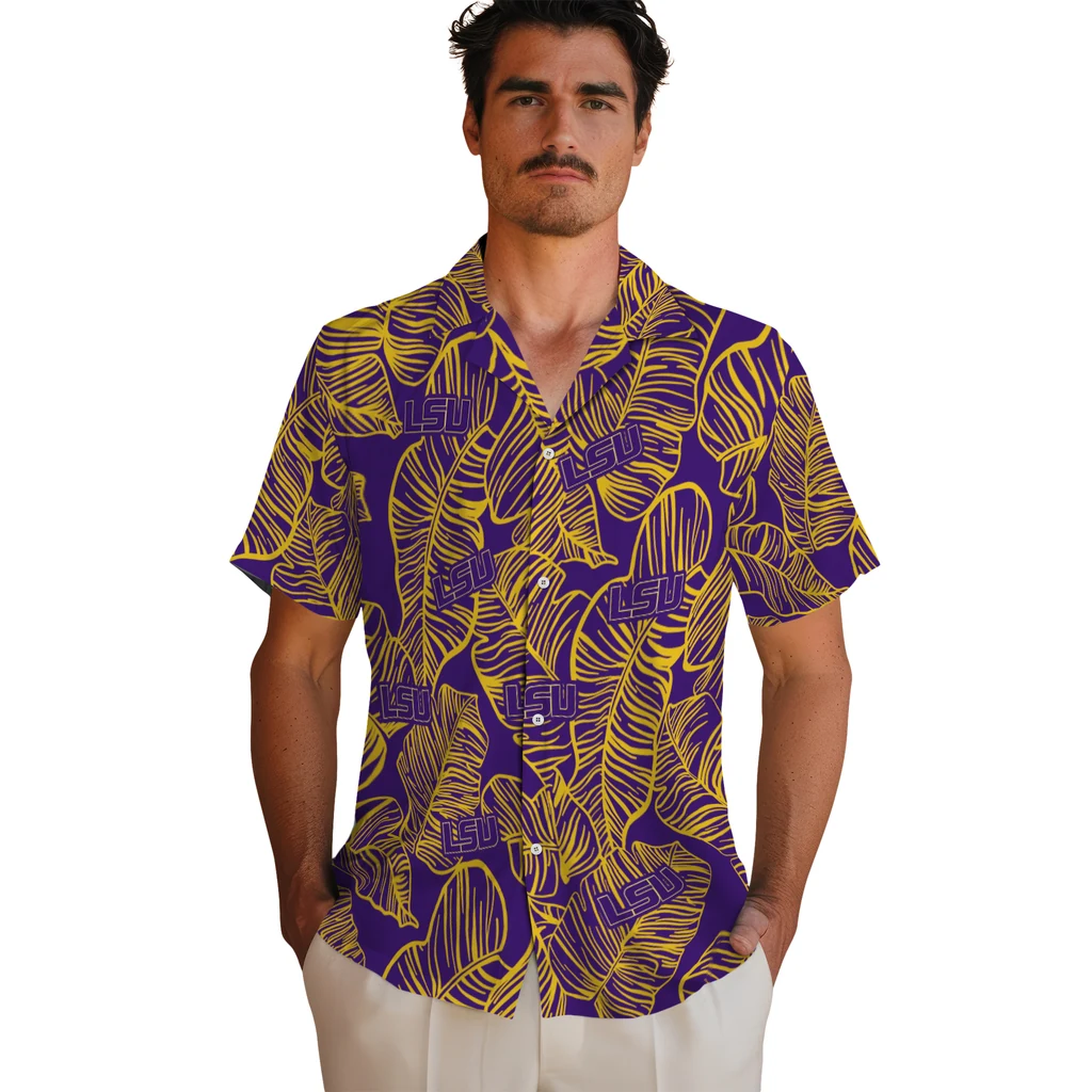 LSU Tigers Hawaiian Shirt - Leaf Outline lsu tigers leaf outline purple hawaiian shirts fashion forward
