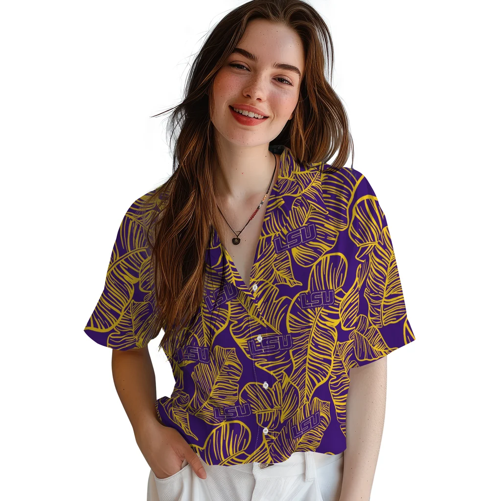LSU Tigers Hawaiian Shirt - Leaf Outline lsu tigers leaf outline purple hawaiian shirts latest model