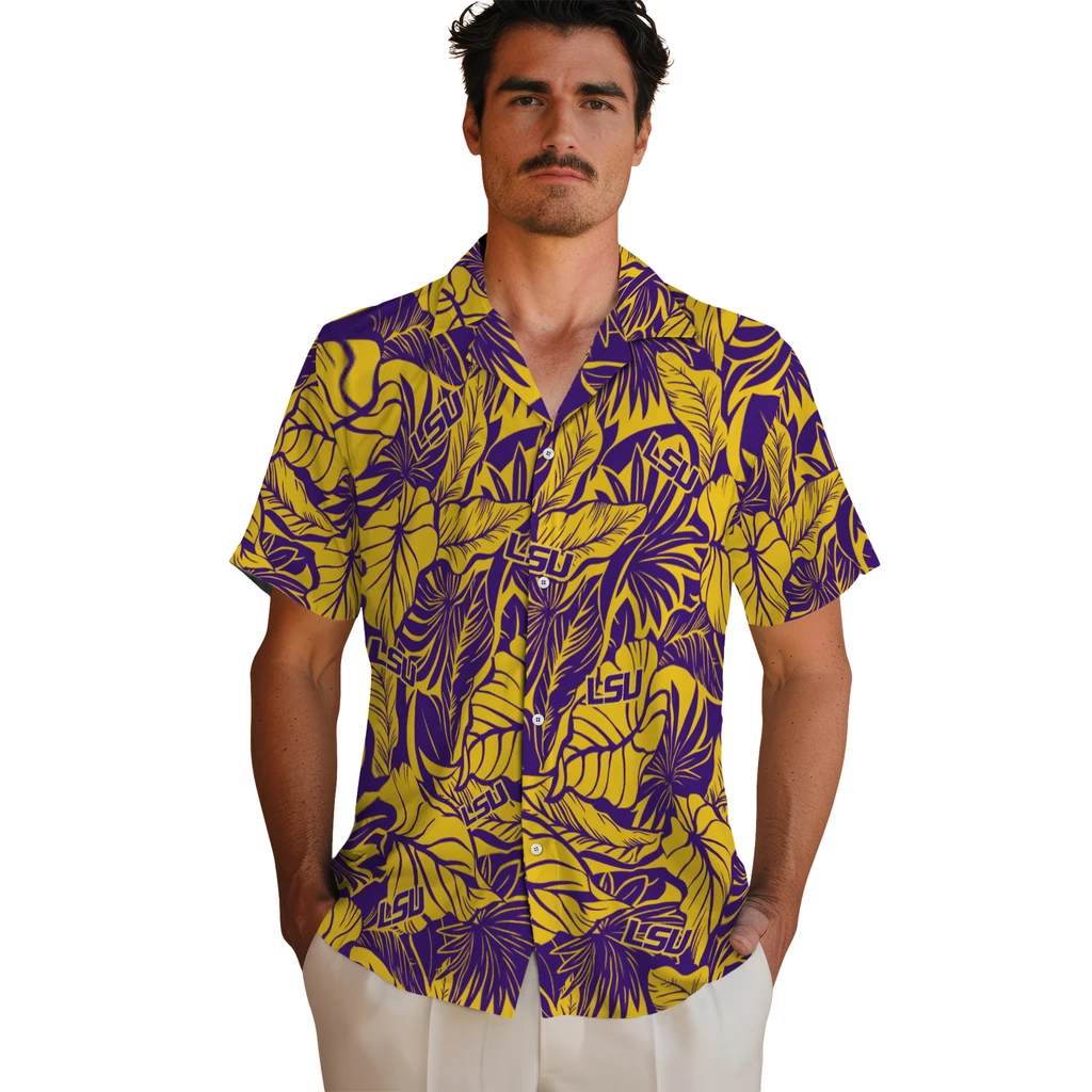 LSU Tigers Hawaiian Shirt - Monstera Layer lsu tigers monstera layer purple hawaiian shirts fashion forward