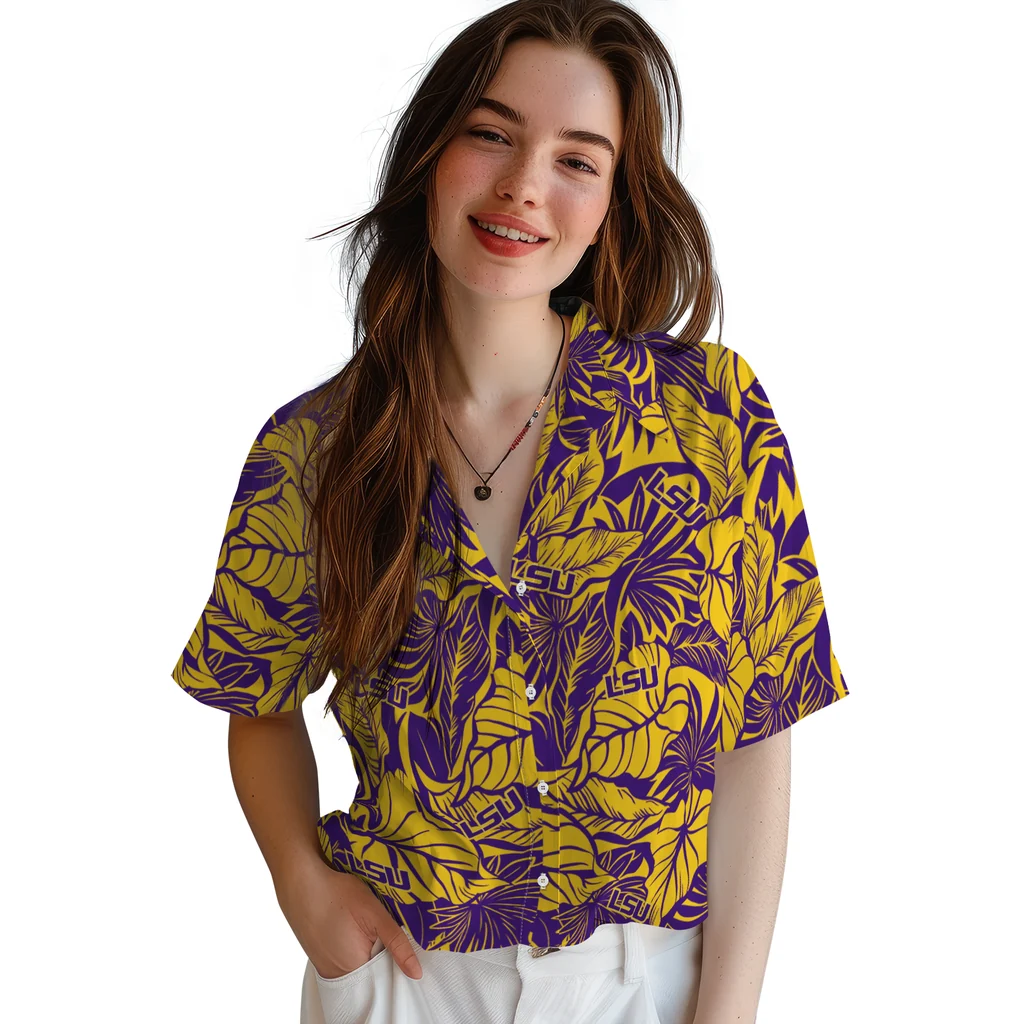 LSU Tigers Hawaiian Shirt - Monstera Layer lsu tigers monstera layer purple hawaiian shirts latest model