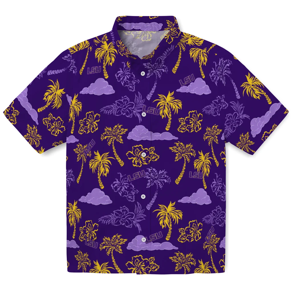LSU Tigers Hawaiian Shirt - Palm And Clouds lsu tigers palm and clouds purple hawaiian shirts best selling