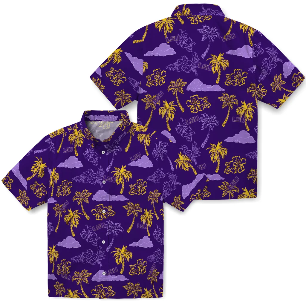 LSU Tigers Hawaiian Shirt - Palm And Clouds lsu tigers palm and clouds purple hawaiian shirts high quality