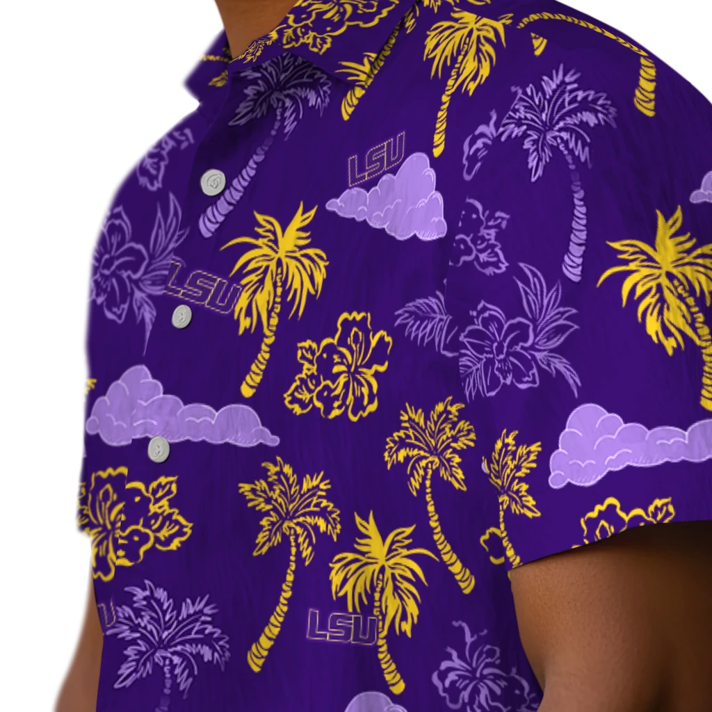 LSU Tigers Hawaiian Shirt - Palm And Clouds lsu tigers palm and clouds purple hawaiian shirts trendy
