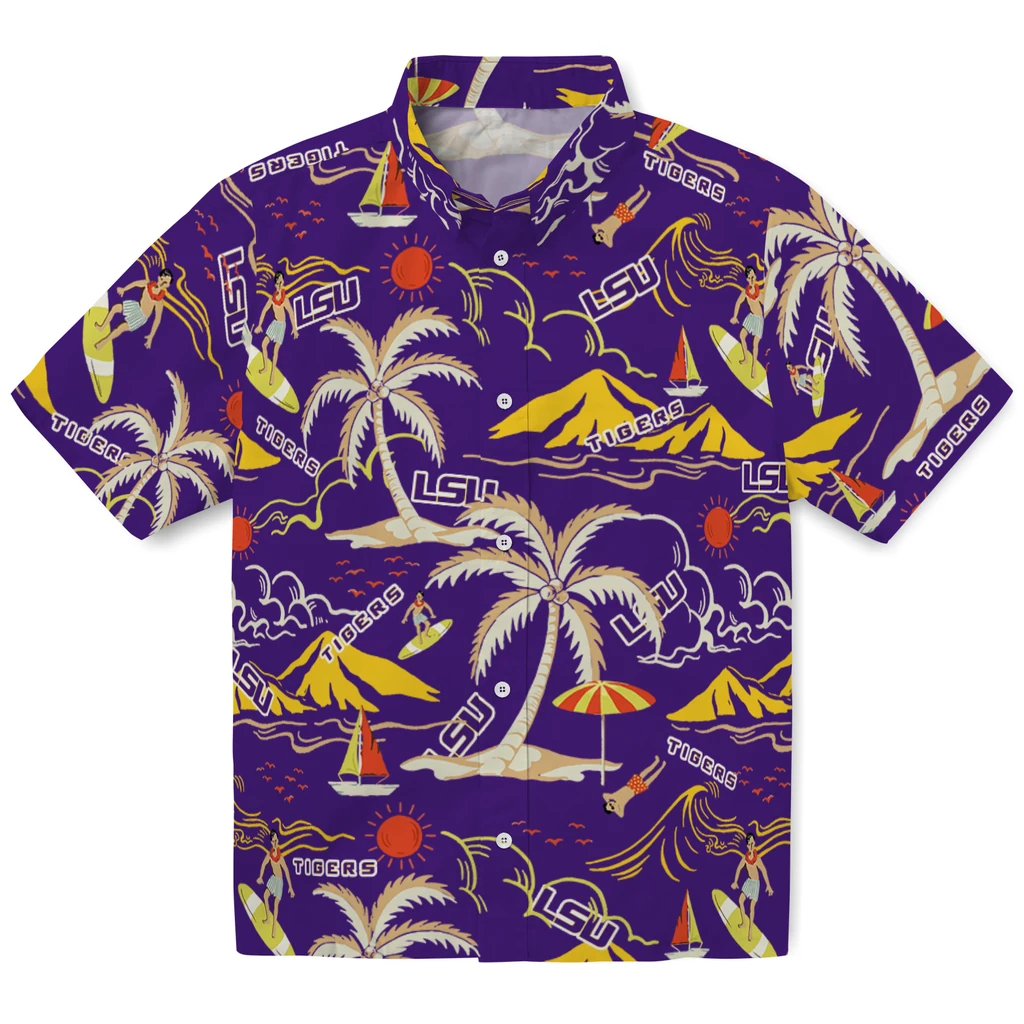 LSU Tigers Hawaiian Shirt - Palm Tree Island lsu tigers palm tree island purple hawaiian shirts best selling