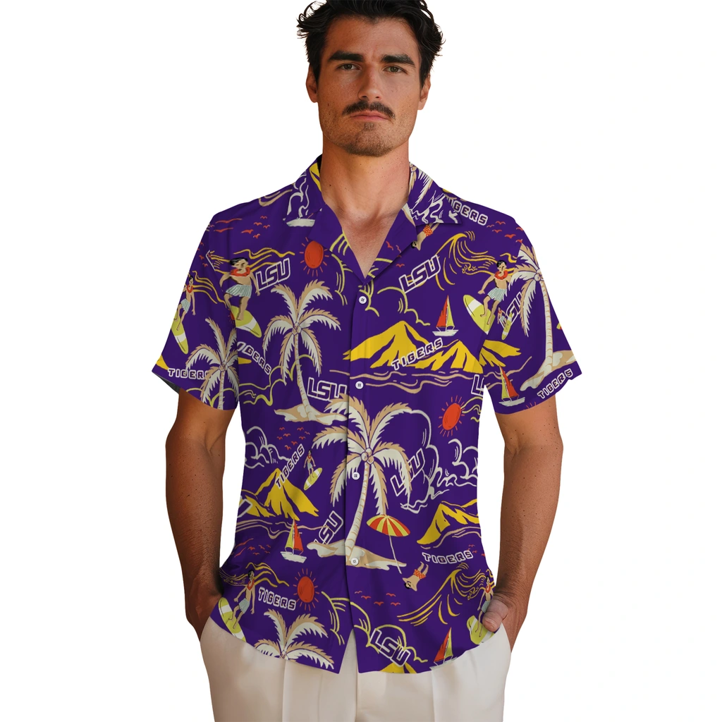 LSU Tigers Hawaiian Shirt - Palm Tree Island lsu tigers palm tree island purple hawaiian shirts fashion forward