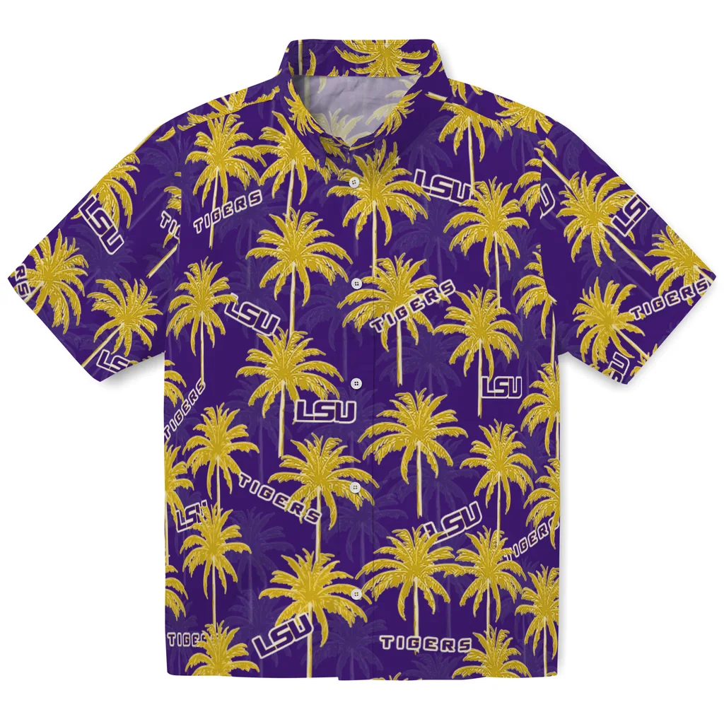 LSU Tigers Hawaiian Shirt - Palm Tree Motif lsu tigers palm grove purple hawaiian shirts best selling