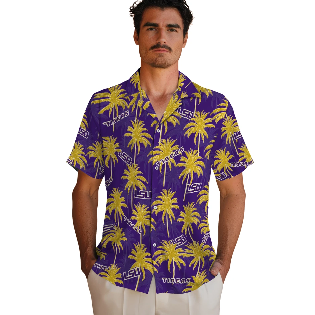 LSU Tigers Hawaiian Shirt - Palm Tree Motif lsu tigers palm grove purple hawaiian shirts fashion forward