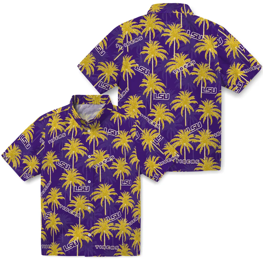 LSU Tigers Hawaiian Shirt - Palm Tree Motif lsu tigers palm grove purple hawaiian shirts high quality