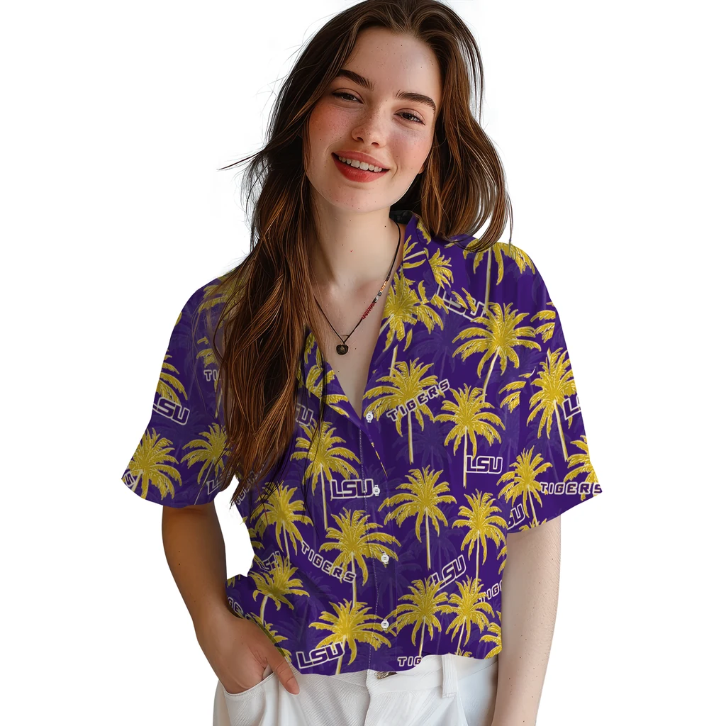 LSU Tigers Hawaiian Shirt - Palm Tree Motif lsu tigers palm grove purple hawaiian shirts latest model