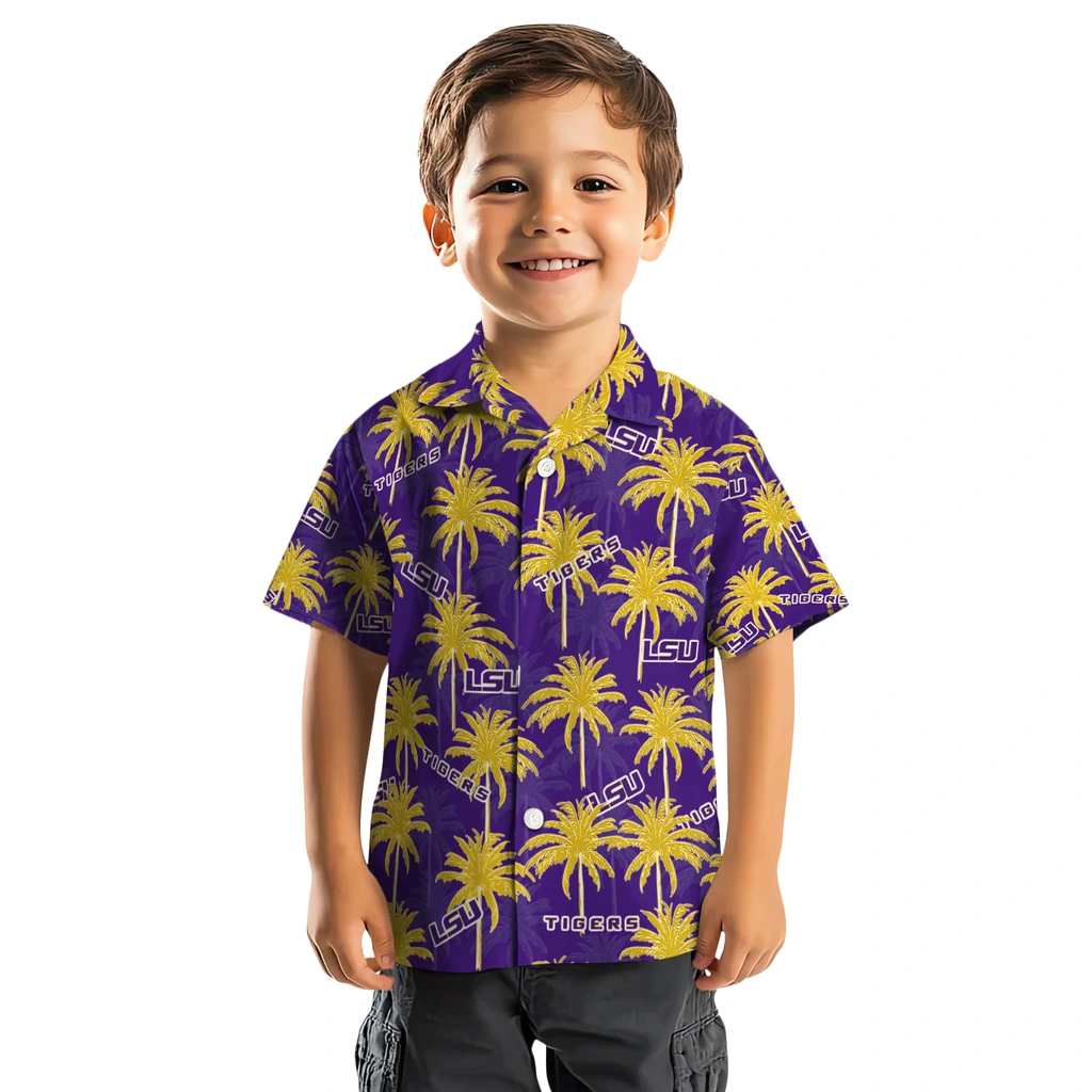 LSU Tigers Hawaiian Shirt - Palm Tree Motif lsu tigers palm grove purple hawaiian shirts top rated
