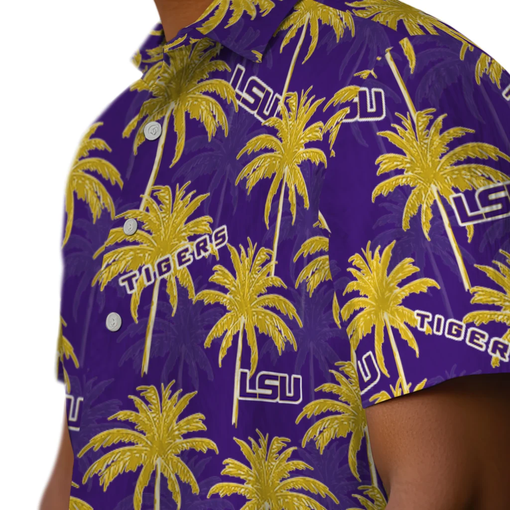 LSU Tigers Hawaiian Shirt - Palm Tree Motif lsu tigers palm grove purple hawaiian shirts trendy