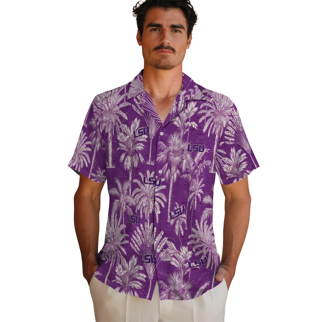 LSU Tigers Hawaiian Shirt - Vintage Palm Tree lsu tigers palm shadows purple hawaiian shirts fashion forward