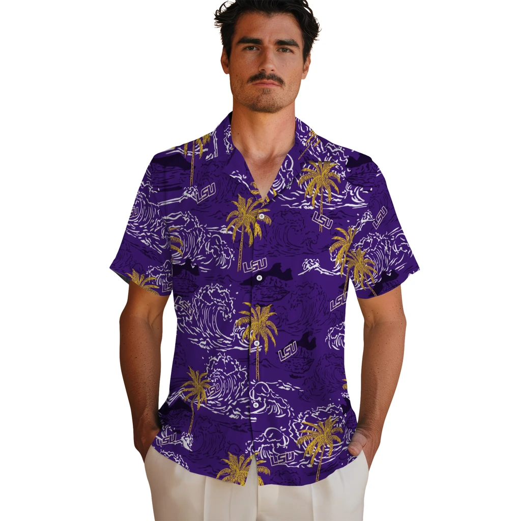LSU Tigers Hawaiian Shirt - Wave Palm lsu tigers wave palm purple hawaiian shirts fashion forward