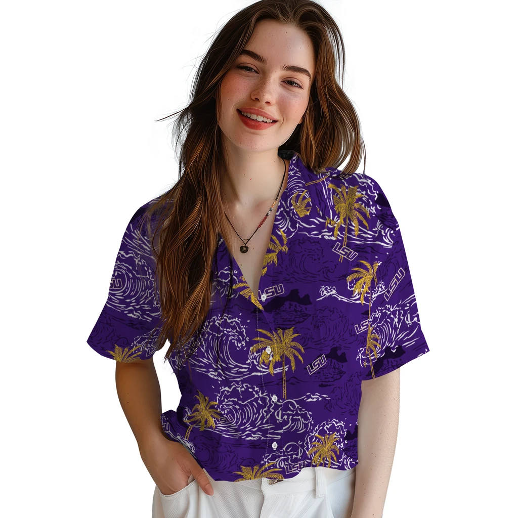 LSU Tigers Hawaiian Shirt - Wave Palm lsu tigers wave palm purple hawaiian shirts latest model
