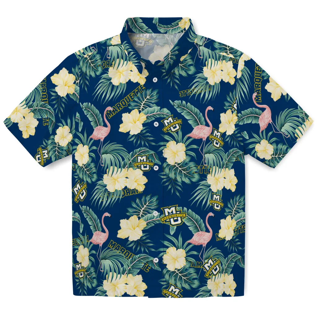 Marquette Golden Eagles Hawaiian Shirt - Flamingo and Hibiscus marquette golden eagles flamingo palms blue hawaiian shirts best selling