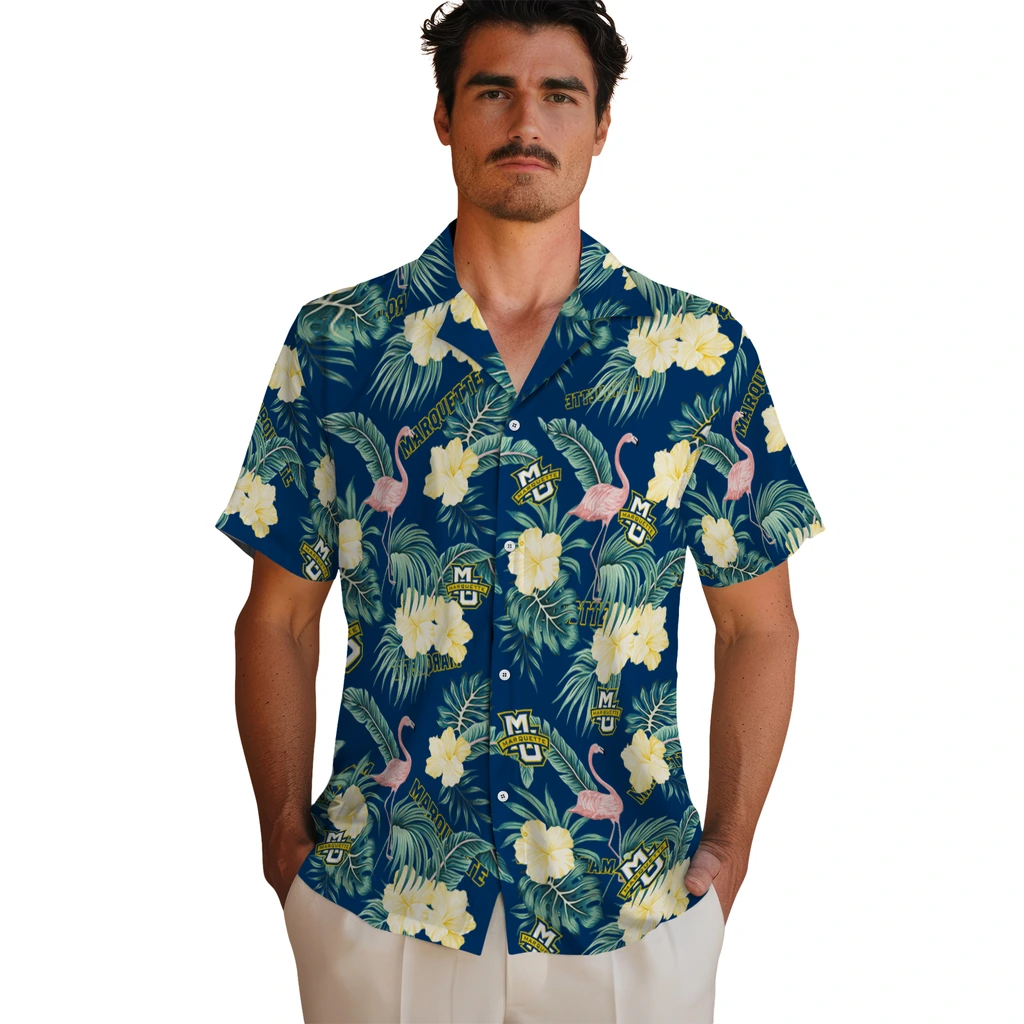 Marquette Golden Eagles Hawaiian Shirt - Flamingo and Hibiscus marquette golden eagles flamingo palms blue hawaiian shirts fashion forward