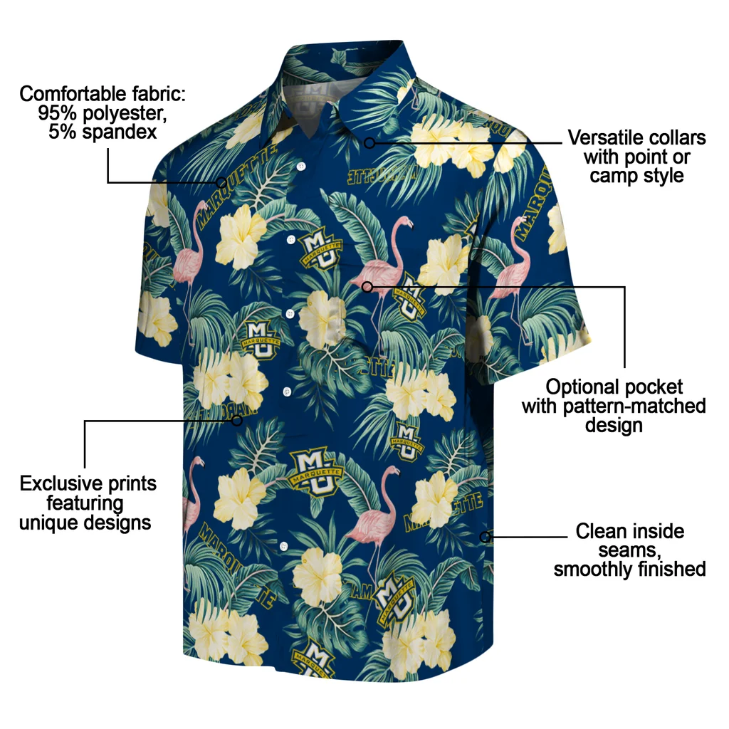Marquette Golden Eagles Hawaiian Shirt - Flamingo and Hibiscus marquette golden eagles flamingo palms blue hawaiian shirts new arrival