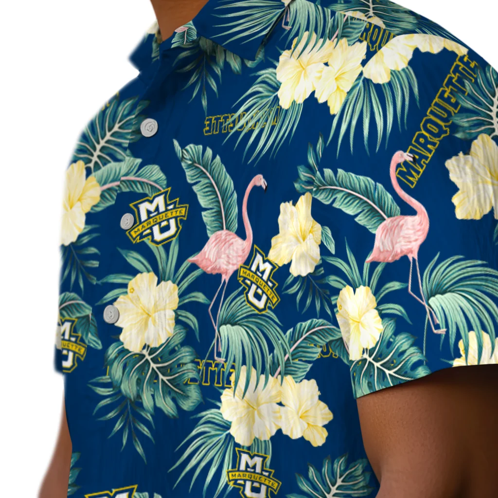 Marquette Golden Eagles Hawaiian Shirt - Flamingo and Hibiscus marquette golden eagles flamingo palms blue hawaiian shirts trendy