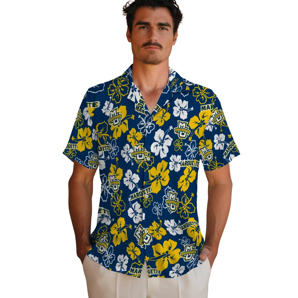 Marquette Golden Eagles Hawaiian Shirt - Hibiscus Flower Design marquette golden eagles hibiscus bloom blue hawaiian shirts fashion forward