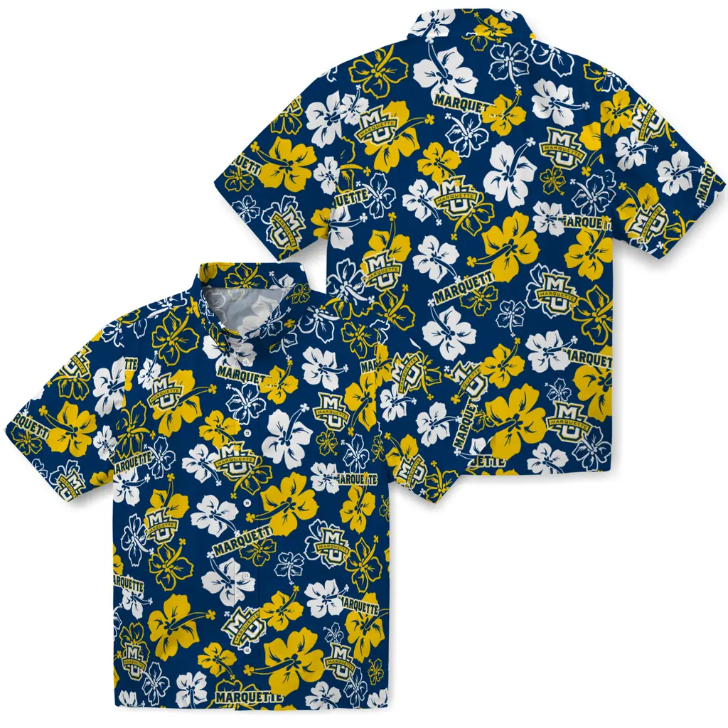 Marquette Golden Eagles Hawaiian Shirt - Hibiscus Flower Design marquette golden eagles hibiscus bloom blue hawaiian shirts high quality
