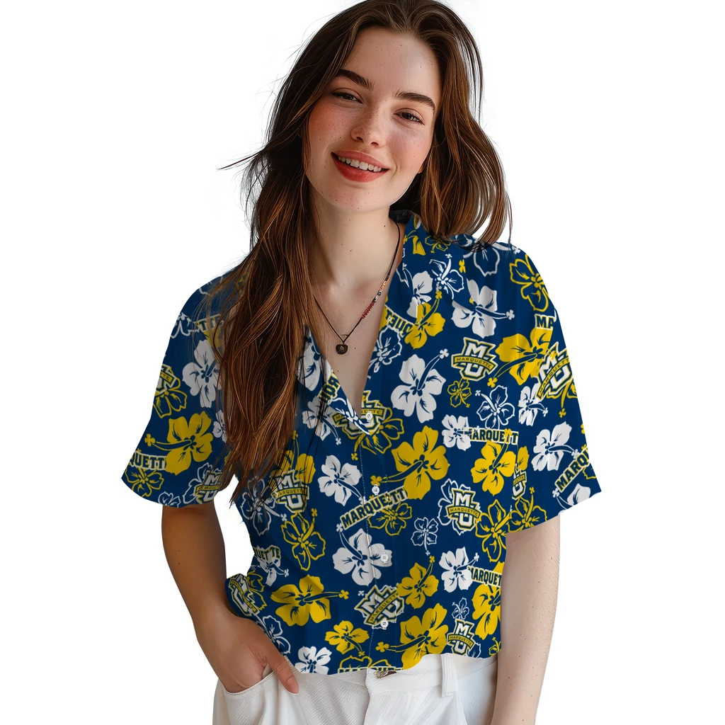 Marquette Golden Eagles Hawaiian Shirt - Hibiscus Flower Design marquette golden eagles hibiscus bloom blue hawaiian shirts latest model