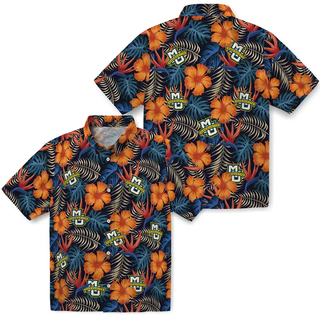 Marquette Golden Eagles Hawaiian Shirt - Hibiscus Foliage marquette golden eagles hibiscus foliage hawaiian shirts high quality