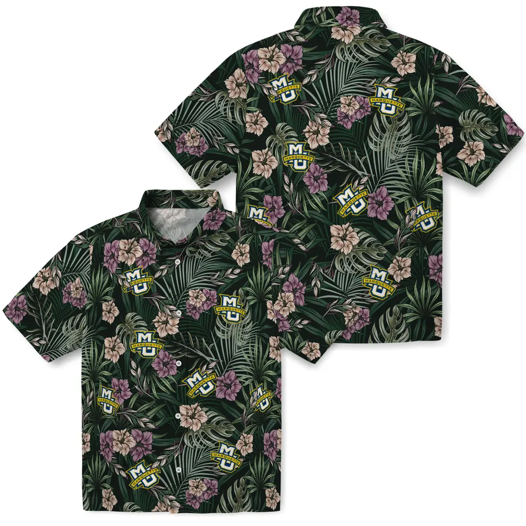 Marquette Golden Eagles Hawaiian Shirt - Hibiscus Leaves Pattern marquette golden eagles hibiscus leaves pattern green hawaiian shirts high quality