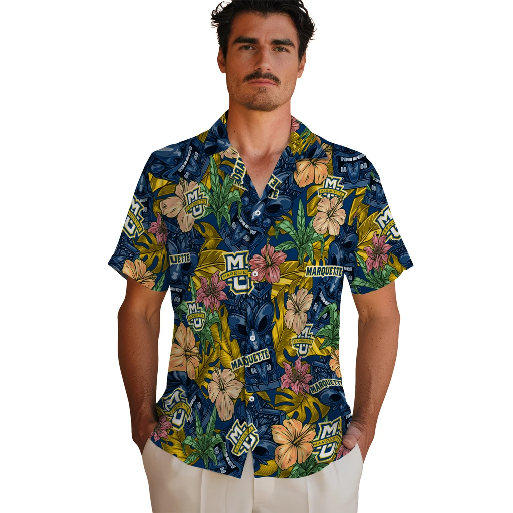 Marquette Golden Eagles Hawaiian Shirt - Hibiscus Tiki Jungle marquette golden eagles tiki jungle blue hawaiian shirts fashion forward